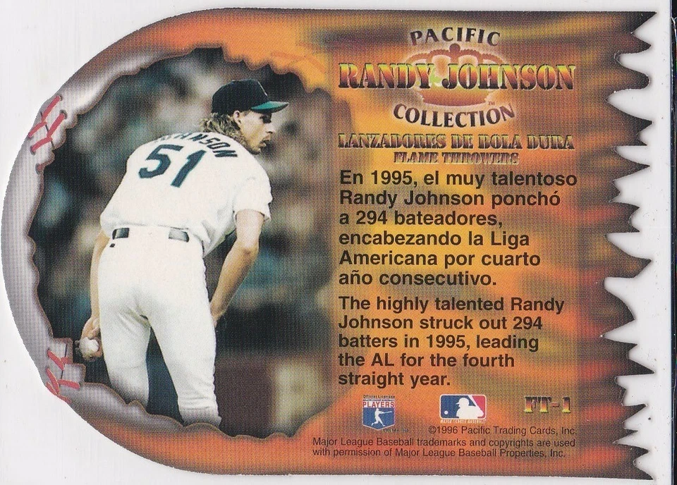 RANDY JOHNSON 1996 Pacific Prisms RARE DIE-CUT FLAME THROWERS $$ Baseball Card - Image 2 of 2