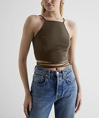 Express Women Body Contour Textured Strappy Tie Visit   Crop Top Sz M Green 