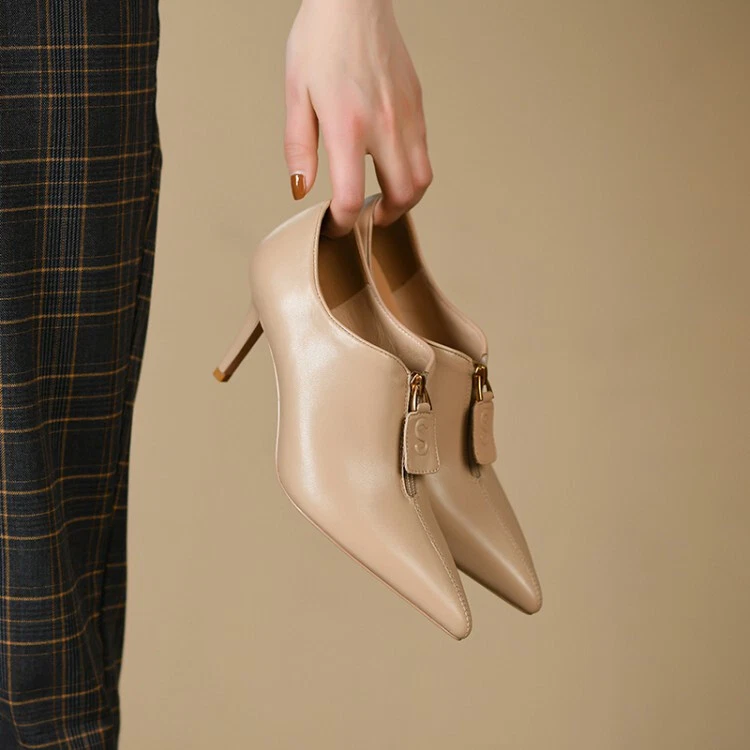 Zapatos de tacón de aguja alto de piel de oveja de cuero real de oficina con punta en punta para mujer Foto 3 de 4