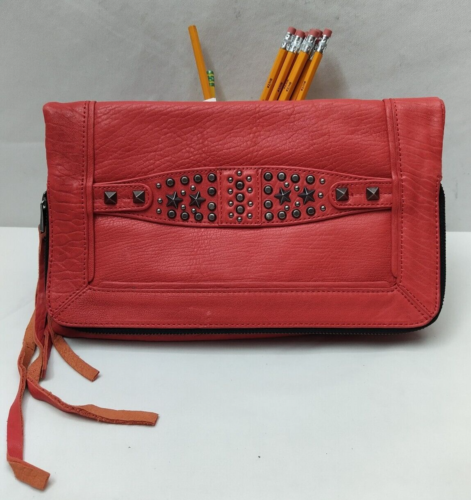ASH Red Leather Studded Zipper Pockets Bifold Evening Clutch - NWoT - Picture 1 of 17
