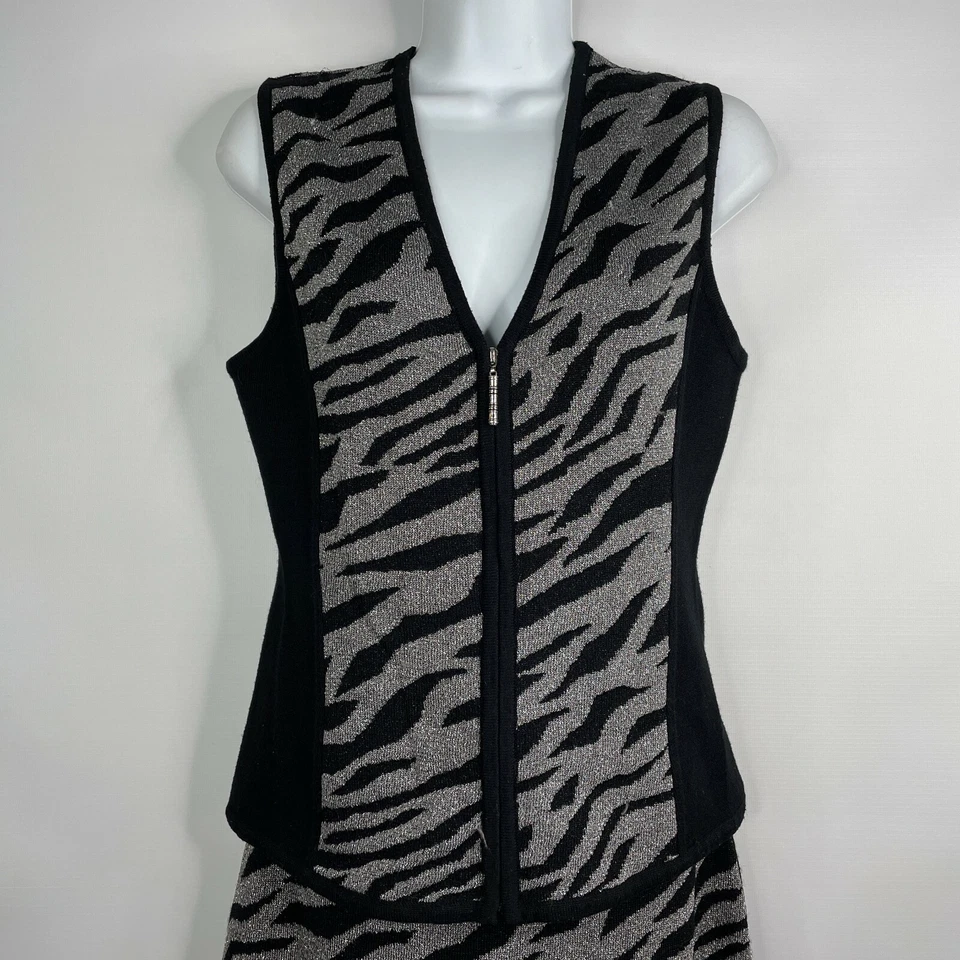 Conjunto de saia colete suéter vintage anos 80 Carole Little tamanho P/M preto prata tigre - Imagem 2 de 4