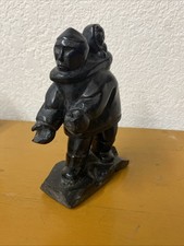 INUIT ALASKAN BLACK HARD STONE CARVED STATUE FIGURE WITH BABY