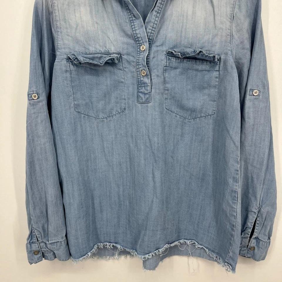 Camisa de tela y piedra manga larga con botones para mujer S azul pulóver de algodón vaquero Foto 3 de 4