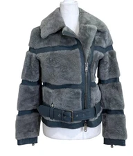 Reiss Ellie Anthracite Leather Shearling Jacket Belt Zipper Detail Gray Size XS