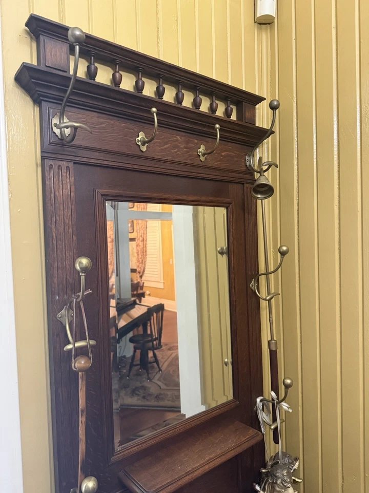 Antique Victorian Tiger Oak Hall Tree W/ Cast Iron Umbrella Holder - Image 2 of 3