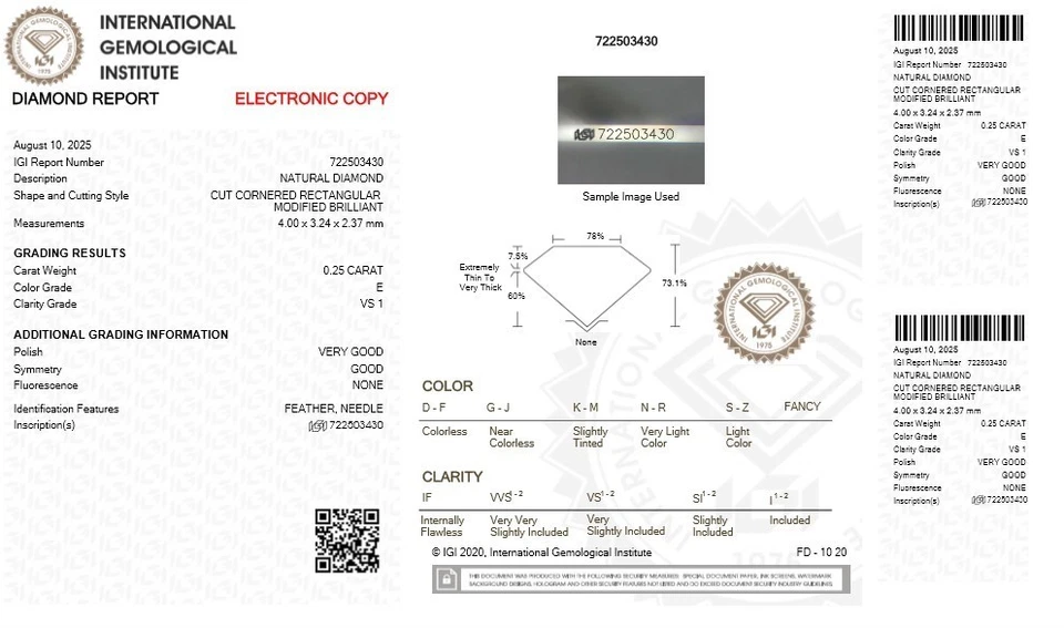 1 натуральный бриллиант россыпью - 0,25 карата - сияющий - сертифицированный E-VS1- IGI - Изображение 2 из 4