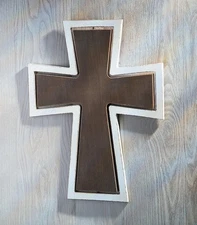 Large 15"H Contrasting Dark & White Cut-Out Wood Wall Cross Religious Decor #088