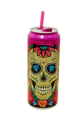 Cool Gear 16oz Sugar Skull Can Tumbler Purple Day of the Dead w Straw