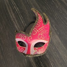 Venetian Goddess Masquerade Mask Red Gold Glitter Ribbon Hand Painted EUC