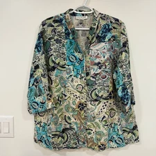CITRON Womens Tunic 1XL Linen Silk Blue Paisley Collar Resort 3/4 Sleeve Plus