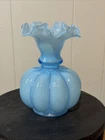 Vintage Fenton Blue Overlay Glass Melon Vase Ruffled Edge 5 3/4"  READ