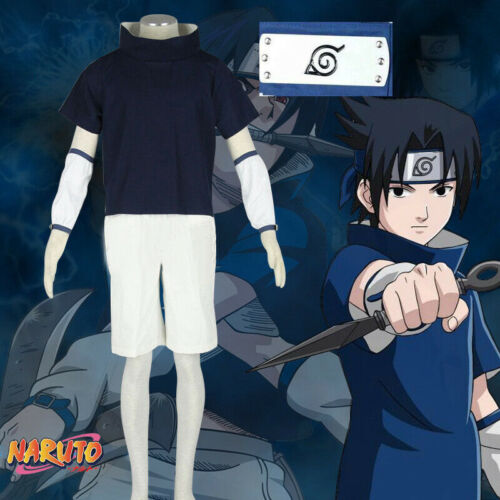 Naruto Uchiha Sasuke Manga Anime Cosplay Costume Kid + Konoha Blue Headband