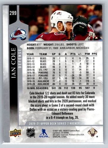 2020-21 Upper Deck #299 Ian Cole Colorado Avalanche - Picture 2 of 2