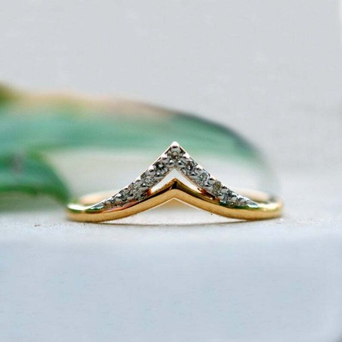 Double Chevron Ring Round Diamond Stackable Rings V Shape Wedding Band For Woman - Picture 2 of 8