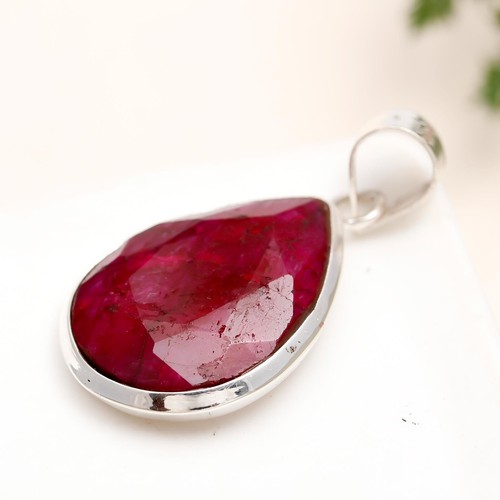 Ruby Lab Created Gemstone Pear Handmade 925 Sterling Silver Pendant Jewelry - Picture 4 of 4