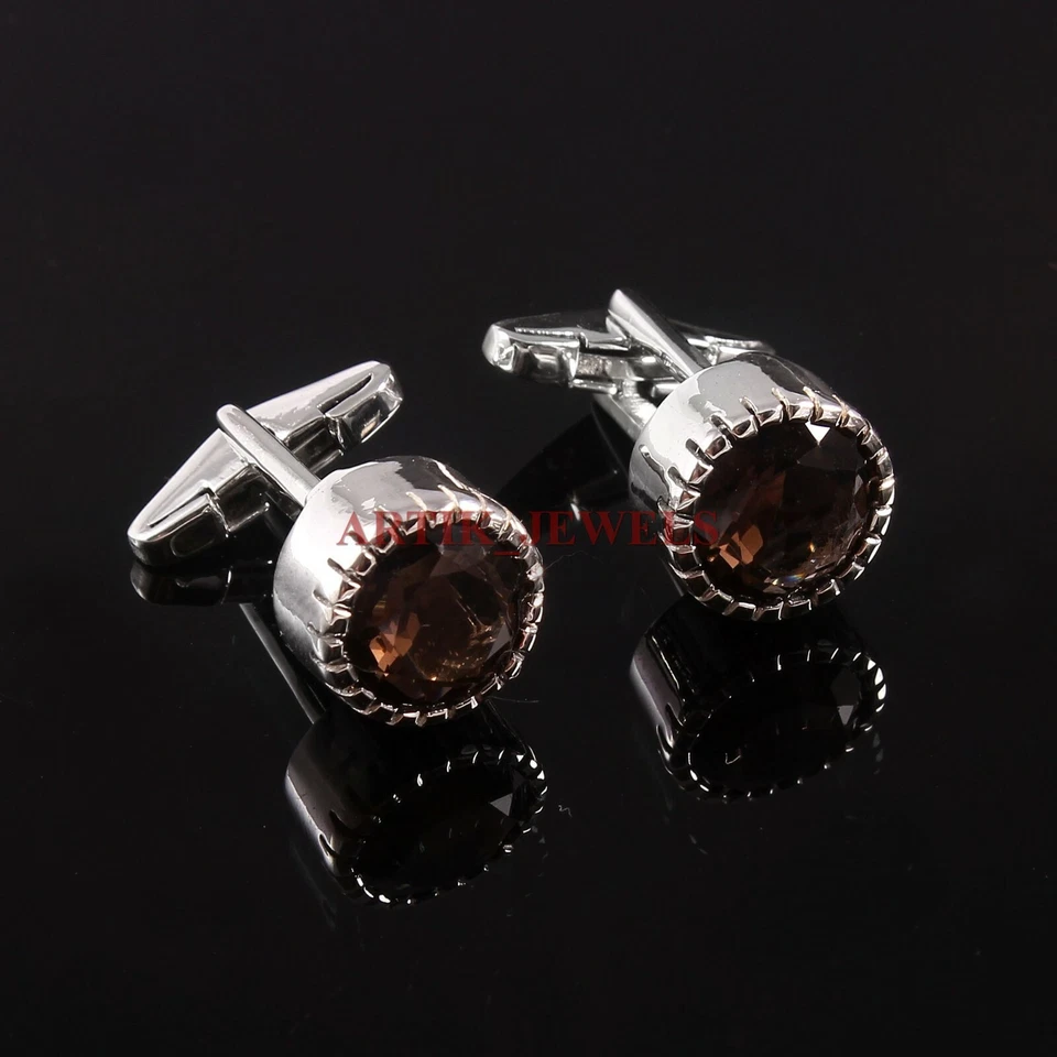 Natural Smoky Quartz Gemstone with 925 Sterling Silver Cufflink #4235 - Image 2 of 3