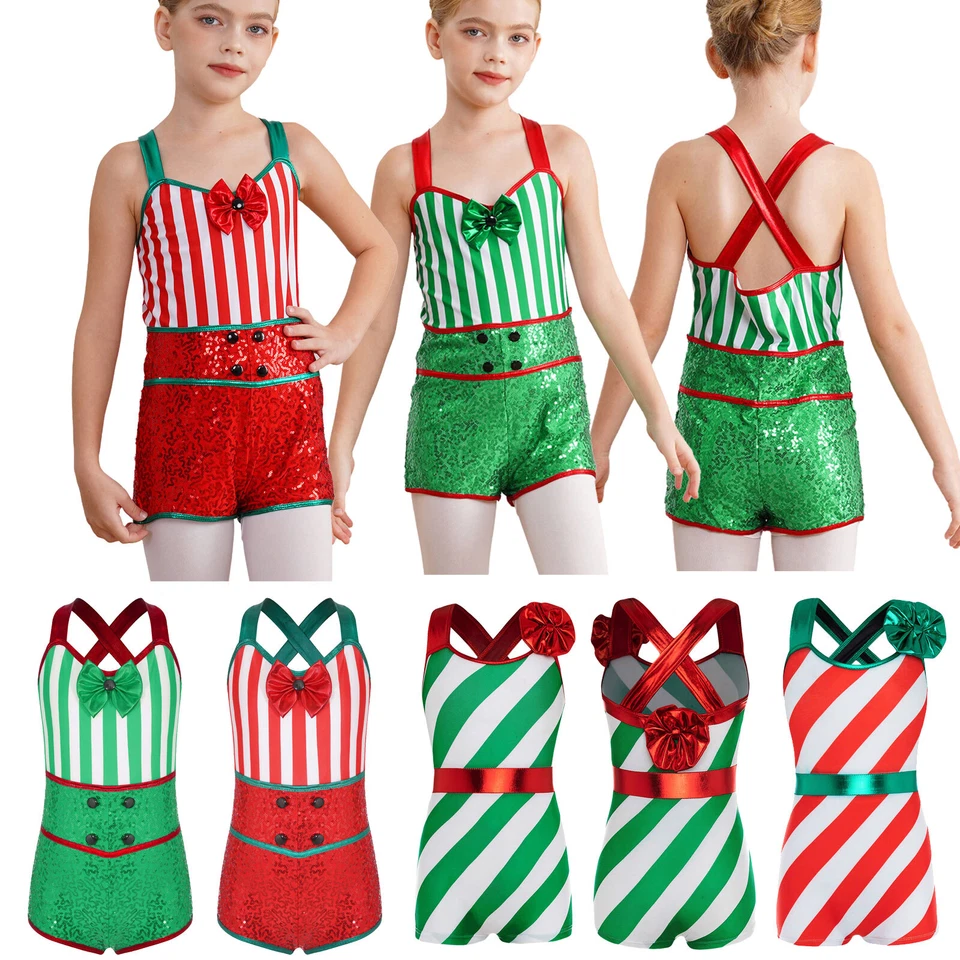 Girls Christmas Elf Costumes Candy Cane Striped Dance Leotard Unitard Gymnastics - Image 2 of 4