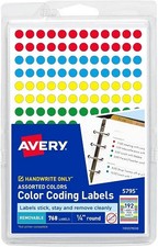 Avery 05795 Removable Color Code Labels, 1/4-Inch Round, Assorted Colors, 768/PK