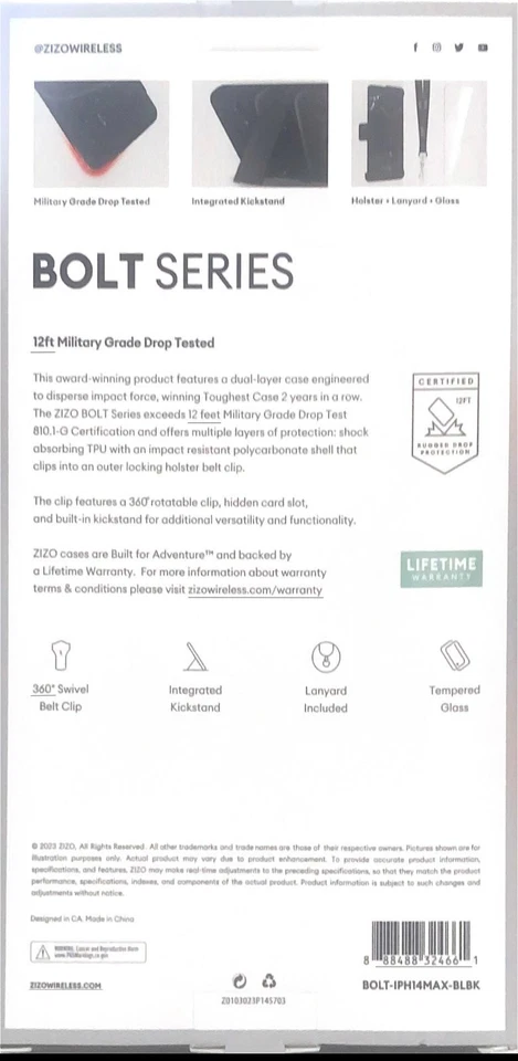 Funda con perno ZIZO de vidrio templado, soporte incorporado para iPhone 14 Plus 6.7 Foto 2 de 3