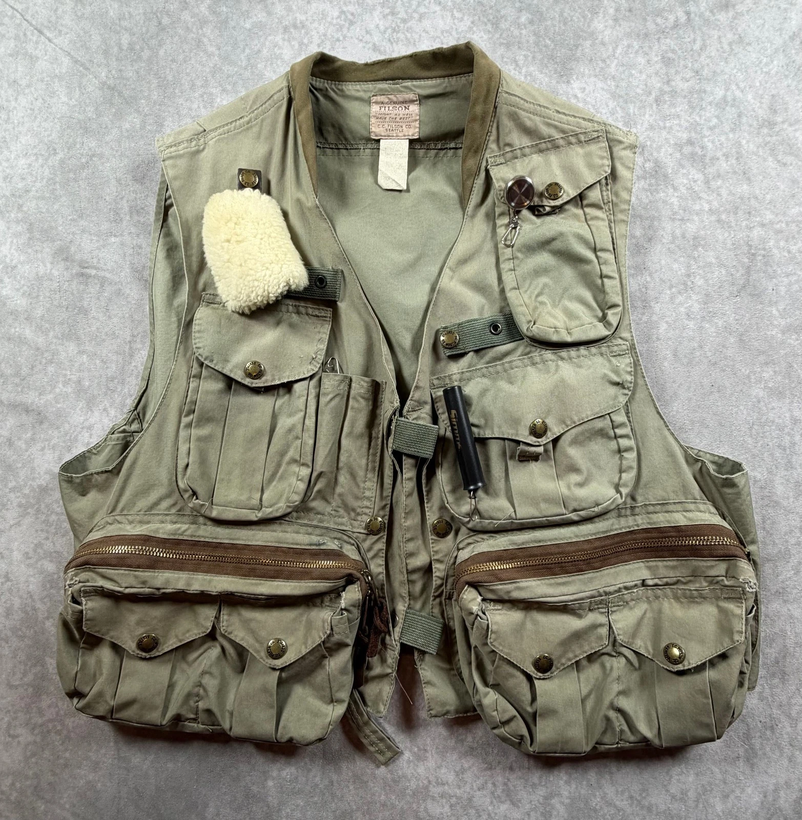 Filson Vintage Fly Fishing Vest Style 136S Cotton Canvas Green Pockets USA