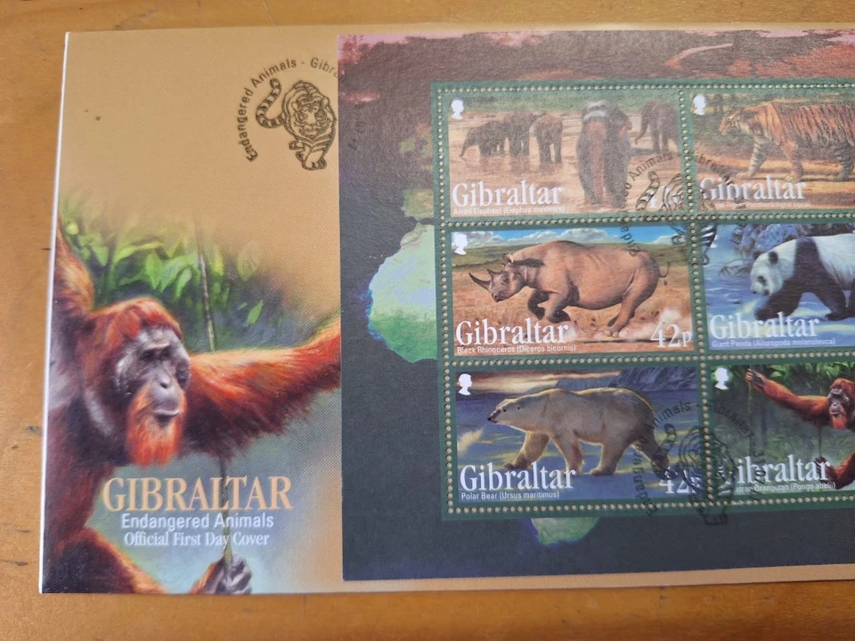 UK Gibraltar M Stamp FDC 2011 Endangered Animals Elephant Tiger Panda Polar Bear - Image 3 of 4