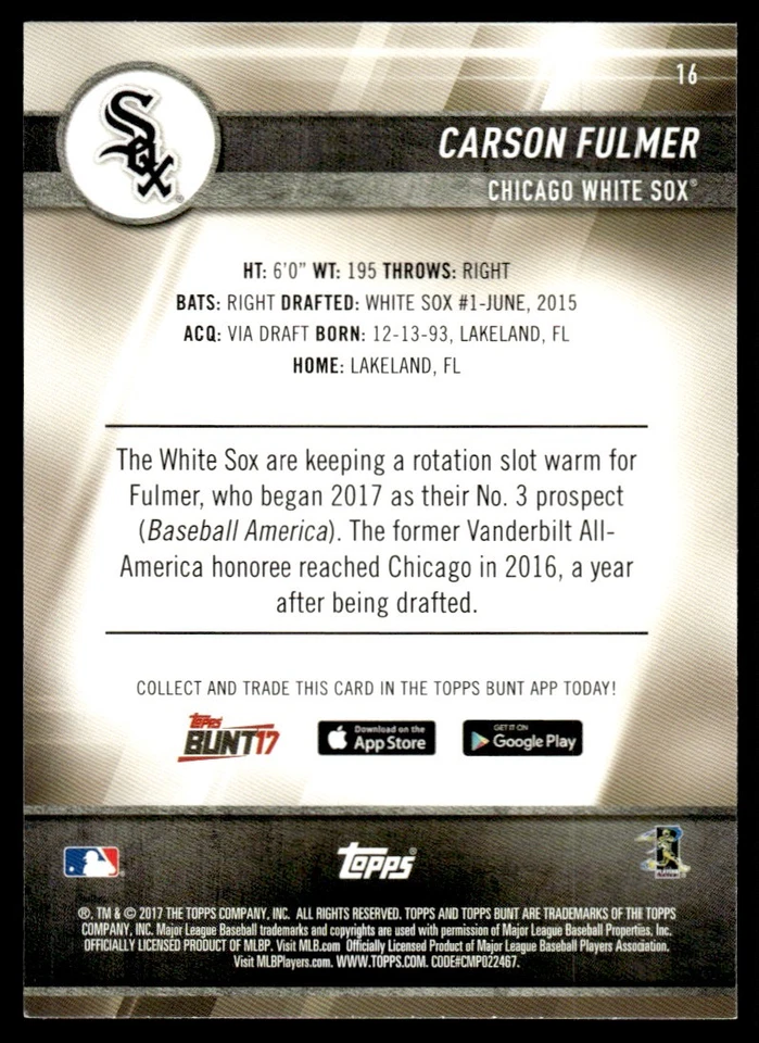 2017 Topps Bunt Blue Carson Fulmer Chicago White Sox #16 - Image 2 of 2