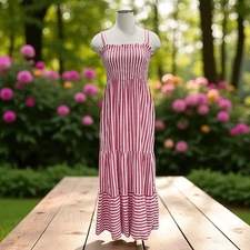 Raviva Stripe Maxi Dress Smocked Tiered Pink White Sundress Coastal Grandma