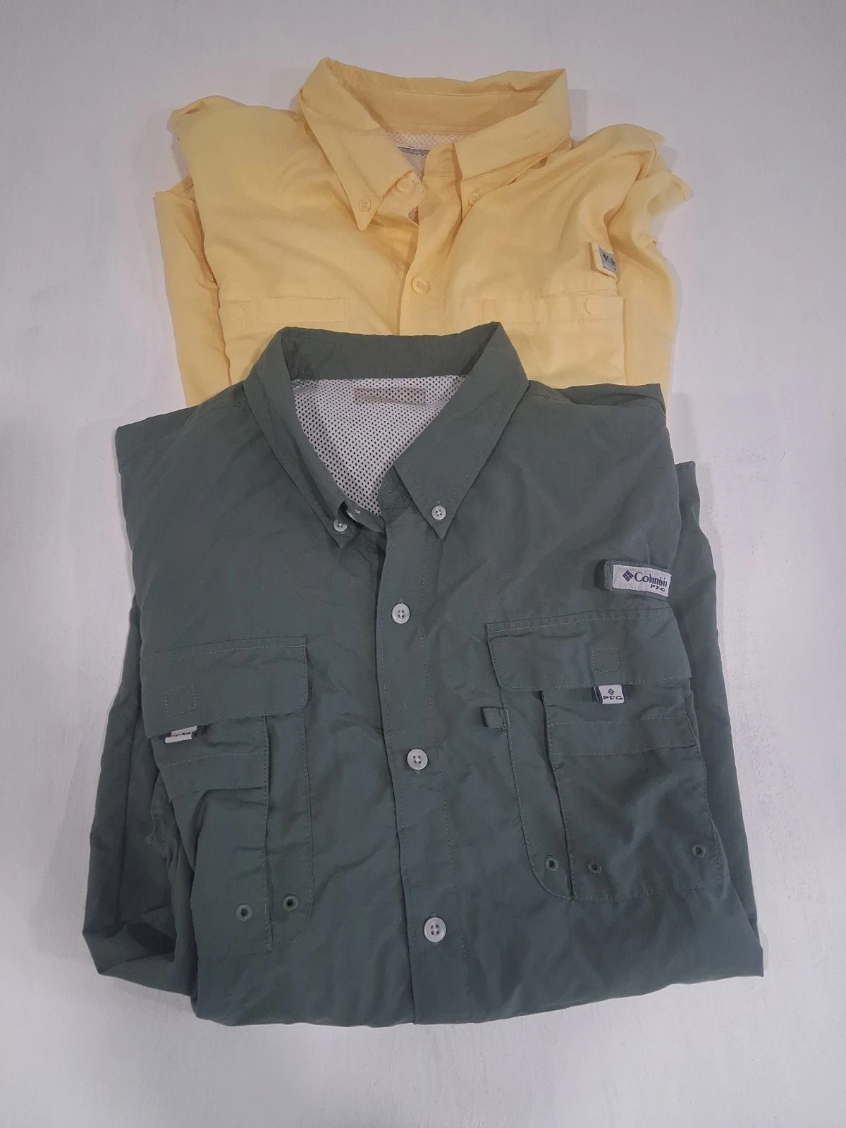 Lot (2) Mens Columbia PFG Collared Outdoor Shirts Green Yellow XL Fishing Hiking