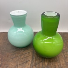 Set of 2 3.75  hand blown bud Vases green/light green