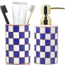 Bathroom Toothbrush Holder Set, Ceramic Checkered Soap Dispenser and Tooth Br...