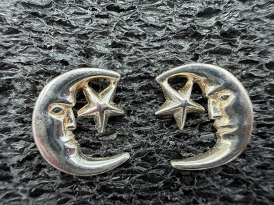 2.24g Vintage Sterling Silver 925 Moon Star Face Earrings Celestial Jewelry