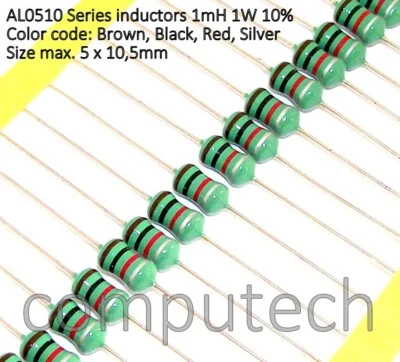 5 pezzi Induttore assiale  1 mH 1W Induttanza Serie AL0510  1000uH, 1W - Bild 1 von 3