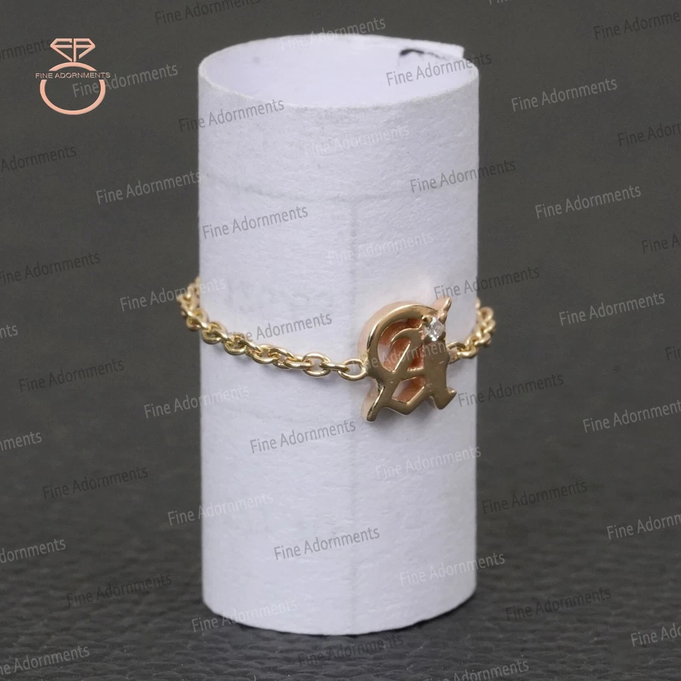Solid 14k Yellow Gold A Initial Ring Real Diamond Gold Chain A to Z Charm Ring - Image 4 of 4