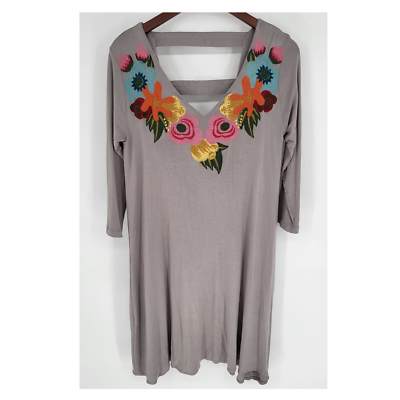 Judith March Gray V-Neck Embroidered 3/4 Sleeve Soft Mini Dress Women's M