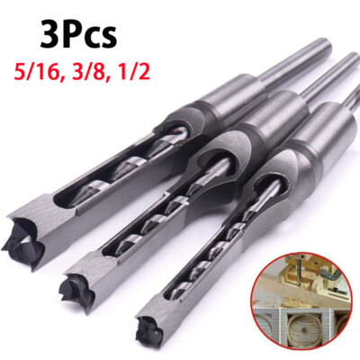 3x Woodworking Square Hole Drill Bits Set Wood Saw Mortising Chisel Cutter Tools