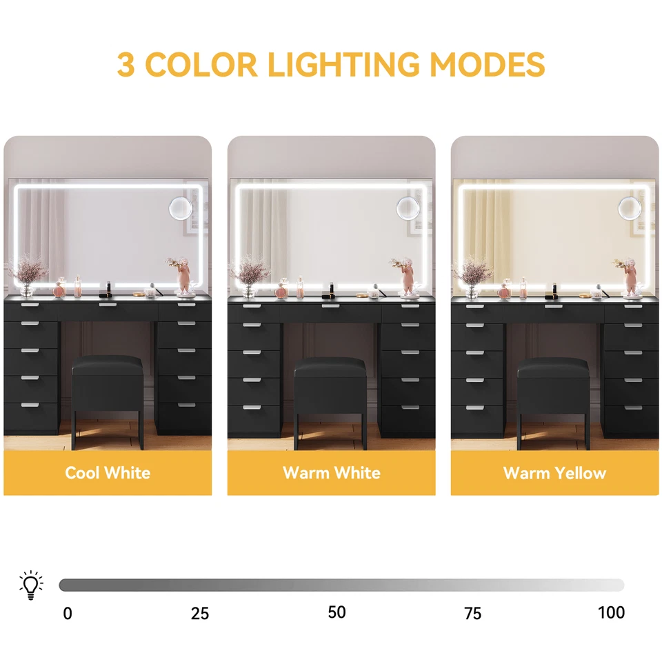 Juego de tocador de maquillaje grande con espejo iluminado LED y tocador de 11 cajones Foto 3 de 4