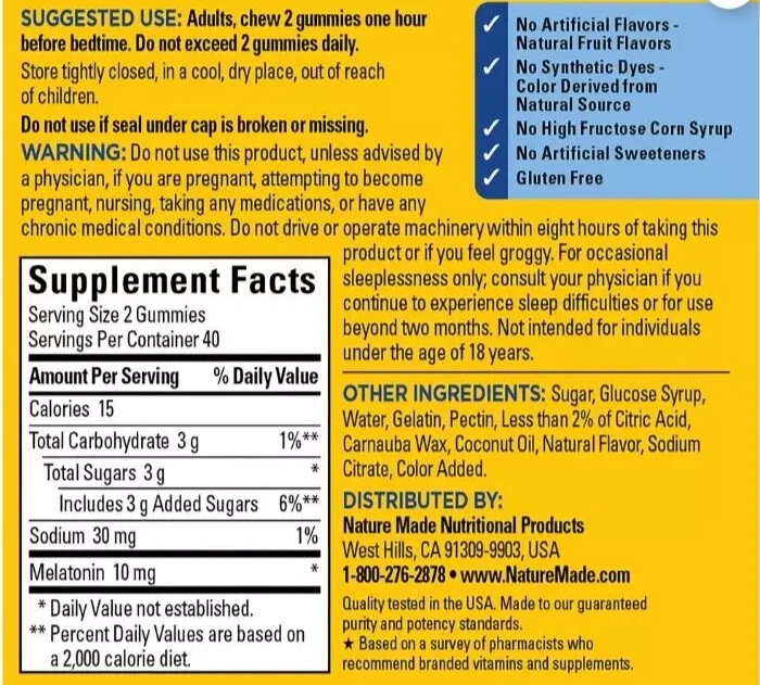 Gomitas Nature Made Melatonina 10 mg 80 quilates - Ayuda para dormir de fuerza máxima, liberación de tiempo Foto 2 de 4