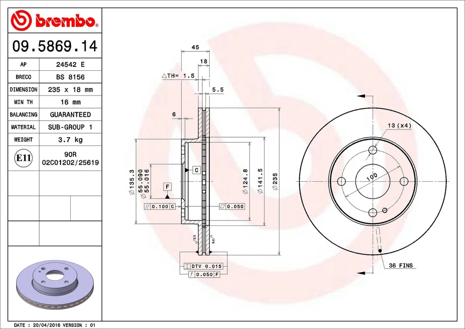 Rotor de freno de disco delantero Brembo 09.5869.14 235 mm para Mazda Miata 1990-1993 Foto 4 de 4