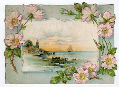 Oblaten scrap die cut chromo Litho Karte Landschaft Blumen 14,3 cm