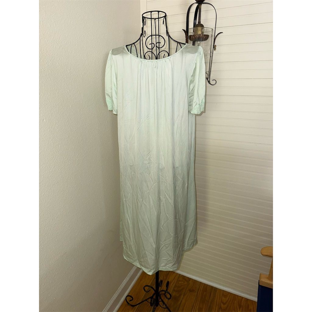 Vtg Shadowline Women's Kimono Robe and Nightgown Set Small Aqua Blue Lace Trim