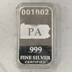 U.S. State Silver Bar, PA, Pennsylvania, 1 Full Troy oz .999 Silver