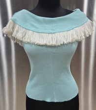 1970s Turquoise Sleeveless Kint Sweater w/Bardot White Fringe Collar Size Small