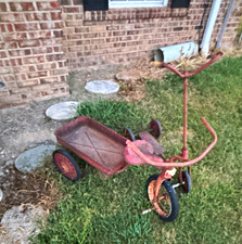 Vintage Metal Tricycle Ride-On Toy with Rear Wagon Cart, Red/Rust
