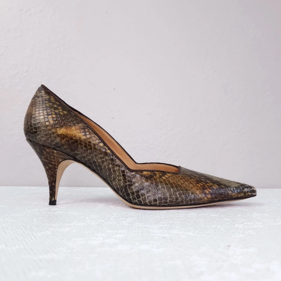 Bettye Muller Kitten Heels Women's 6.5-7 EU 37 Brown Tan Green Snakeskin Pumps - Image 4 of 4