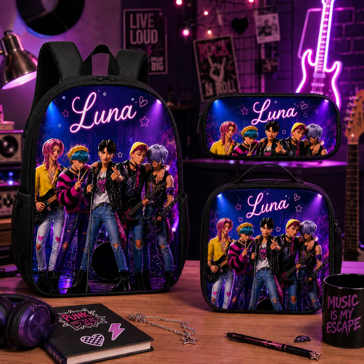Personalized Neon Rock Band 3-Piece Backpack Set, Includes Matching Lunch Bag and Pencil Case
