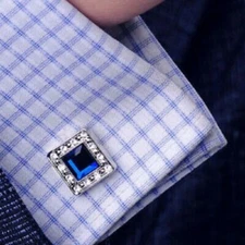 4 CT Princess Lab Created Blue Sapphire Wedding Cufflinks 14K White Gold Plated