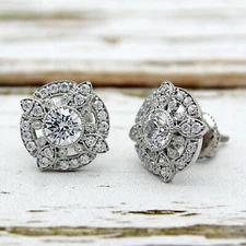 Art Deco Round Cut Lab Created Diamond Engagement 14K White Gold Finish Earrings