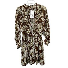 Zara Floral Dress L Olive Green White Rust Built in Shorts Lining Ruffles NWT