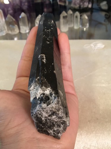 Dark Smoky Quartz With Calcite Natural Point Raw 155g 5.5”x1.2” - Picture 4 of 12