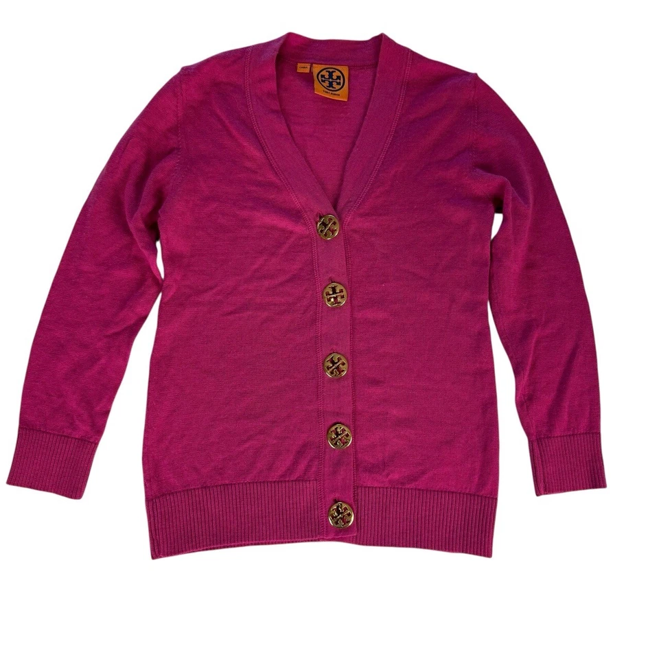Cárdigan Tory Burch Simone Rosa Lana Merino Dorado Logo Botones Niñas Grande Foto 2 de 4